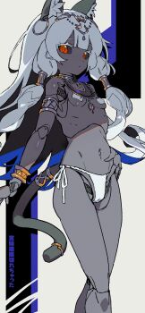 1girl android animal_ears black_sclera breasts brown_egyptian_cat-eared_loli_(trend) cat_ears cat_girl cat_tail colored_sclera expressionless highres jewelry jnt joints looking_at_viewer navel original panties pasties red_eyes robot_joints side-tie_panties small_breasts solo tail topless_female underwear white_hair