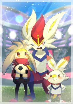 ;d absurdres ball blush border bright_pupils cinderace closed_mouth clothed_pokemon commentary_request day evolutionary_line gen_8_pokemon grass hands_on_own_hips highres holding lens_flare muraoka_tem nintendo on_one_knee one_eye_closed open_mouth outdoors pokemon raboot red_eyes scorbunny smile soccer_ball stadium tongue