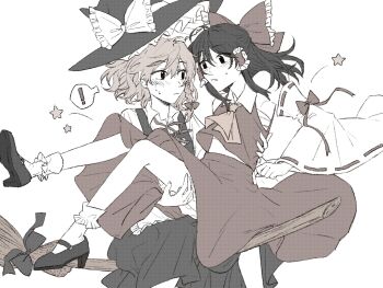 2girls apron ascot black_hat black_shoes black_skirt black_vest blonde_hair bloomers blush bow braid broom broom_riding brown_hair carrying carrying_person closed_mouth commentary_request detached_sleeves eye_contact frilled_bow frilled_hair_tubes frills hair_bow hair_tubes hakurei_reimu hat hat_bow high_heels hitte5416 kirisame_marisa long_hair looking_at_another multiple_girls muted_color neck_ribbon princess_carry red_bow red_ribbon red_skirt ribbon ribbon-trimmed_sleeves ribbon_trim shoes side_braid single_braid skirt skirt_set socks star_(symbol) sweat touhou underwear vest waist_apron white_bloomers white_bow white_socks witch_hat yellow_ascot yellow_eyes yuri