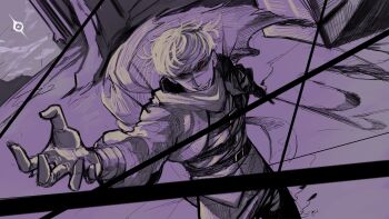 1boy belt claw_pose cowboy_shot deepwoken evil_grin evil_smile from_above grin highres jacket limited_palette logicsterrr looking_at_viewer male_focus mountainous_horizon open_mouth outdoors scar scar_on_face scar_on_nose scarf short_hair smile solo