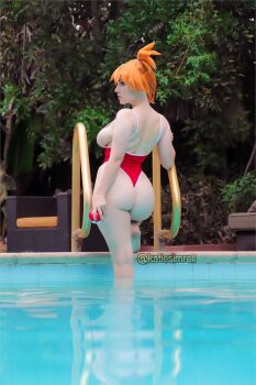 ass back backboob breasts cosplay female_focus highres holding holding_poke_ball huge_ass katiesimrell looking_back medium_breasts medium_hair misty_(pokemon) misty_(pokemon)_(cosplay) model nintendo one-piece_swimsuit orange_hair photo_(medium) poke_ball pokemon pokemon_(anime) pokemon_(classic_anime) ponytail pool pool_ladder real_life red_one-piece_swimsuit solo swimsuit wig