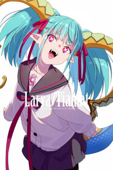 1girl adapted_costume aqua_hair black_sailor_collar black_skirt breasts character_name curled_horns echo_(circa) fangs fate/grand_order fate_(series) hair_ribbon horns larva_tiamat_(fate) larva_tiamat_(swimsuit_archer)_(second_ascension)_(fate) long_sleeves looking_at_viewer medium_hair open_mouth pink_eyes pleated_skirt pointy_ears ribbon sailor_collar school_uniform shirt sidelocks skirt small_breasts smile solo symbol-shaped_pupils tiamat_(fate) twintails white_shirt