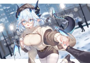 1girl :d absurdres belt black_belt black_horns black_skirt blue_eyes blue_hair blush braid breasts brown_hat brown_jacket commentary commission cowboy_shot glasses hair_between_eyes hat highres hiraga_matsuri holding_hands horns jacket large_breasts letterboxed long_sleeves looking_at_viewer miniskirt off_shoulder open_clothes open_jacket open_mouth original outside_border pantyhose pencil_skirt plaid_hat pointy_ears short_hair skeb_commission skirt smile solo_focus sweater turtleneck turtleneck_sweater twin_braids white_pantyhose white_sweater