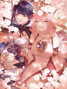 2girls animal_ear_piercing animal_ears bare_shoulders blunt_bangs blush breasts bridal_gauntlets cherry_blossoms cleavage closed_eyes commentary_request couple cup dappled_sunlight detached_sleeves fox_ears fox_girl genshin_impact hair_between_eyes hair_ornament happy headpiece highres holding holding_cup japanese_clothes long_braid long_hair long_sleeves medium_breasts mole multicolored_hair multiple_girls neck_ribbon nokimaru_taf off_shoulder open_mouth outdoors pink_background pink_hair purple_hair raiden_shogun red_ribbon red_sash ribbon sash shade sitting smile streaked_hair sunlight tea thighs tree tree_shade wavy_hair wide_sleeves yae_miko yuri