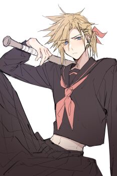 Rule 34 | 1boy, aerith gainsborough, aerith gainsborough (cosplay), aerith gainsborough (midgard seventh high school), baseball bat, black sailor collar, black shirt, black skirt, blonde hair, cloud strife, cosplay, crossdressing, crossdressing (mtf), delinquent, final fantasy, final fantasy vii, final fantasy vii: ever crisis, hair between eyes, hair ornament, hair ribbon, hairclip, highres, holding, holding baseball bat, light blush, long skirt, long sleeves, male focus, midriff, navel, neckerchief, over shoulder, pink neckerchief, pink ribbon, pleated skirt, ponytail, ribbon, sailor collar, school uniform, shirt, skirt, solo, spiked hair, sukeban, weapon, weapon over shoulder, xiluo0207