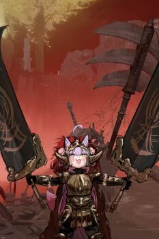 1girl absurdres ahoge armor blush bright_pupils commentary_request cone_hair_bun double_bun eggrice_v elden_ring fake_horns fang fox_girl fox_tail full_armor greatsword hair_bun helmet highres holding holding_sword holding_weapon horned_helmet horns korean_commentary legs_apart long_hair open_mouth outdoors outstretched_arms purple_hair purple_tail smile solo spread_arms standing star-shaped_pupils star_(symbol) stellive sword symbol-shaped_pupils tail very_long_hair virtual_youtuber weapon white_pupils