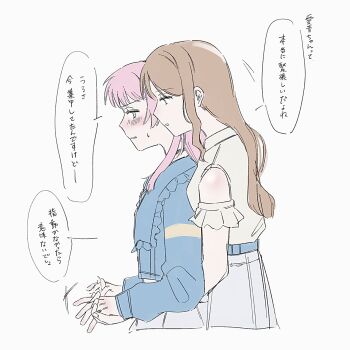 2girls bang_dream! bang_dream!_it&#039;s_mygo!!!!! blue_shirt blush brown_hair chihaya_anon commentary dress grey_eyes highres holding_hands interlocked_fingers long_hair muinu_inu multiple_girls nagasaki_soyo parted_lips pink_hair shirt simple_background skirt speech_bubble translation_request white_background white_dress white_skirt yuri