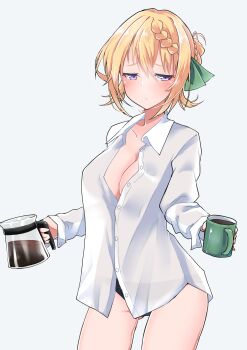 1girl absurdres black_panties blonde_hair blouse braid braided_bun breasts cleavage coffee_mug coffee_pot commentary_request commission cowboy_shot cup dress_shirt grey_background hair_bun half-closed_eyes highres kantai_collection komb looking_at_viewer loose_clothes loose_shirt medium_breasts mug no_pants panties perth_(kancolle) purple_eyes school_uniform shirt short_hair simple_background skirt solo steam underwear white_shirt