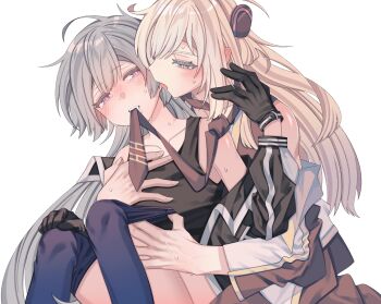 2girls bare_shoulders black_gloves black_shirt blonde_hair blue_eyes blue_thighhighs blush chinese_commentary commentary_request duel_monster ear_licking emptyayya gloves grey_hair highres holding_necktie licking long_hair mouth_hold multiple_girls necktie off_shoulder purple_eyes red_necktie shirt simple_background sky_striker_ace_-_raye sky_striker_ace_-_roze tears thighhighs upper_body white_background yu-gi-oh! yuri