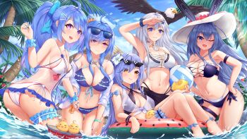 5girls :d ;d absurdres alternate_hairstyle animal_ears anniversary ass azur_lane ball bare_shoulders beach beachball bikini bikini_skirt bird black_bikini blue_bikini blue_nails blue_ribbon blush breasts frilled_thigh_strap character_name chewing cleavage commentary copyright_name covering_own_eyes cowboy_shot crop_top cross-laced_bikini cross-laced_clothes cross-laced_top day deal_with_it_(meme) eagle eagle_union_(emblem) eating english_commentary enterprise_(azur_lane) essex_(azur_lane) eyewear_on_head fake_animal_ears flower food from_behind from_side front-tie_bikini_top front-tie_top fruit grin hair_flower hair_ornament hair_ribbon hairclip hairpin hand_on_own_hip hand_up happy hat helena_(azur_lane) highres hip_focus holding holding_ball holding_beachball holding_hands innertube knees_up kyl490 large_breasts leaning_forward legs lemon long_hair looking_at_viewer looking_back lying manjuu_(azur_lane) medium_breasts meme midriff mismatched_bikini multiple_girls nail_polish navel new_jersey_(azur_lane) off_shoulder on_back one_eye_closed open_clothes open_mouth open_shirt outdoors palm_tree partially_submerged ponytail rabbit_ears ribbon salute see-through_clothes see-through_swimsuit shirt side-tie_bikini_bottom sideboob sling_bikini_top smile st._louis_(azur_lane) sun_hat sunglasses swim_ring swimsuit teeth thigh_gap thigh_strap thighs tree upper_teeth_only very_long_hair wet wet_clothes wet_shirt white_bikini white_flower white_headwear white_shirt wristband yellow_ribbon