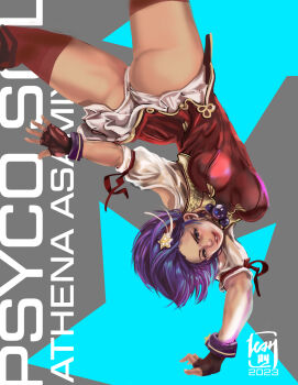 1girl acrobatics asamiya_athena ass bike_shorts bouncing_breasts breasts clothes_lift curvy dress female_focus gloves hairband hand_up highres huge_ass large_breasts lean_agbayani lean_dy leanagbayani legs_up looking_at_viewer pale_skin pants purple_eyes purple_hair short_hair skirt skirt_lift smile smiley_face star_(symbol) the_king_of_fighters thick_thighs thighs tight_clothes tight_pants wide_hips