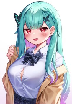 1girl :d alternate_breast_size_(larger) blouse blush bow bowtie braid breasts butterfly_hair_ornament collared_shirt colored_inner_hair deaver earrings fang green_hair hair_ornament heart heart_earrings highres hololive jacket jewelry large_breasts long_hair long_sleeves looking_at_viewer multicolored_hair off_shoulder official_alternate_costume open_clothes open_jacket open_mouth partially_unbuttoned plaid_bow plaid_bowtie plaid_clothes plaid_skirt purple_hair red_eyes shirt simple_background skirt smile solo uruha_rushia uruha_rushia_(school_uniform) very_long_hair virtual_youtuber white_shirt
