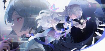 1girl absurdres cha_zhi_(dmrm7487) chinese_commentary closed_mouth commentary_request dress grey_hair hair_ornament hand_up highres id_card long_hair looking_at_viewer mornye_(wuthering_waves) multiple_views purple_dress red_eyes see-through_body white_background wuthering_waves