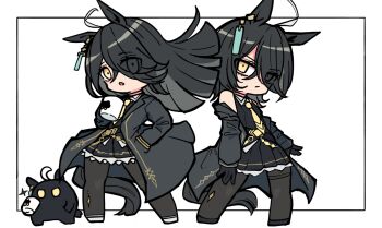 1girl ahoge alternate_hair_length alternate_hairstyle animal_ears bare_shoulders black_gloves black_hair black_jacket black_pantyhose black_shirt black_shoes black_skirt chibi closed_mouth collared_shirt commentary_request cup eyes_visible_through_hair gloves hair_over_one_eye highres horse_ears horse_girl horse_tail jacket kawamochi_(kawauti919) long_hair long_sleeves manhattan_cafe_(creeping_black)_(umamusume) manhattan_cafe_(umamusume) mug multicolored_hair multiple_views necktie off_shoulder open_clothes open_jacket pantyhose parted_lips pleated_skirt shirt shoes skirt sleeveless sleeveless_shirt standing tail two-tone_hair umamusume very_long_hair white_background white_hair white_shoes yellow_eyes yellow_necktie