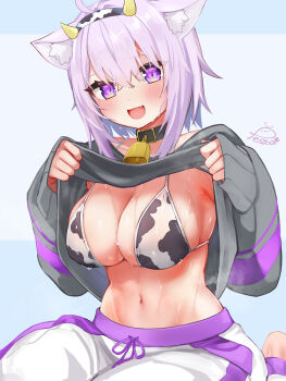 1girl ahoge animal_ears animal_print bell belt belt_collar bikini black_belt black_choker black_collar black_hoodie blue_background blush breasts cat_ears cat_girl choker cleavage clothes_lift collar cow_horns cow_print cow_print_bikini cowbell fang festa11307070 hairband hololive hood hoodie hoodie_lift horns large_breasts lifting_own_clothes long_sleeves looking_at_viewer medium_hair navel neck_bell nekomata_okayu nekomata_okayu_(1st_costume) open_mouth pants print_bikini purple_eyes purple_hair purple_pants signature sleeves_past_wrists smile solo steaming_body stomach sweat swimsuit two-tone_pants virtual_youtuber white_bikini white_hairband white_pants