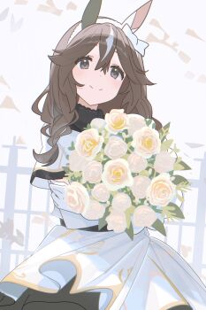 1girl absurdres animal_ears ashinowoto blush bouquet braid brown_hair closed_mouth commentary_request crossed_arms curren_bouquetd&#039;or_(umamusume) dress ear_covers flower gloves grey_eyes hair_between_eyes hairband highres holding holding_bouquet horse_ears horse_girl long_hair looking_at_viewer low_twin_braids mismatched_ear_covers smile solo twin_braids umamusume white_dress white_gloves white_hairband