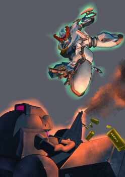 absurdres battle blue_eyes cable duel english_text firing glowing gquuuuuux gun gundam gundam_gquuuuuux heat_hawk highres logo machine_gun machinery mecha mecha_focus mobile_suit muzzle_flash no_humans perspective realistic robot science_fiction shell_casing shield smoke user_gwrr2554 v-fin weapon zaku zeonic zero_gravity
