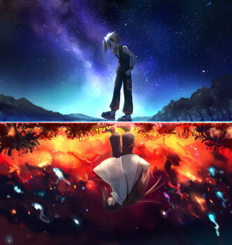 2boys aki_(neyuki41028) asakura_hao asakura_yoh black_footwear black_pants black_shirt blue_sky brothers brown_eyes brown_hair burning cape closed_mouth commentary_request embers fire from_side full_body gradient_sky hands_on_own_hips headphones highres long_hair looking_down male_focus mountain multiple_boys night outdoors pants plant profile sandals shaman_king shirt shoes short_hair siblings sky sleeveless sleeveless_shirt smile smoke split_screen standing star_(sky) starry_sky tree twins upside-down very_long_hair white_cape wristband