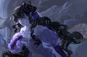 Rule 34 | 1girl, absurdres, black hair, black hat, breasts, chinese commentary, cleavage, commentary request, dark background, dress, flower, hair flower, hair ornament, hand on own chest, hat, highres, isolde (polyphony) (reverse:1999), isolde (reverse:1999), jewelry, juliet sleeves, long hair, long sleeves, makabakabakama, necklace, open mouth, pearl necklace, puffy sleeves, purple dress, purple eyes, purple flower, purple rose, reverse:1999, rose, see-through clothes, see-through veil, sidelighting, solo, upper body, veil, wavy hair