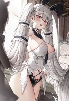 3girls :d absurdly_long_hair absurdres adapted_costume animal_ears azur_lane between_breasts black_choker black_neckwear black_panties black_sailor_collar blush breasts choker cleavage commentary cowboy_shot dress fake_animal_ears formidable_(azur_lane) formidable_(timeless_classics)_(azur_lane) hair_between_eyes hair_ribbon highres holding holding_own_hair indoors kuse_(0201) large_breasts long_hair looking_at_viewer multiple_girls navel necktie necktie_between_breasts official_alternate_costume open_mouth panties rabbit_ears red_eyes ribbon sailor_collar silver_hair sirius_(azur_lane) smile standing sweat swimsuit teeth twintails underwear upper_teeth_only very_long_hair white_dress window
