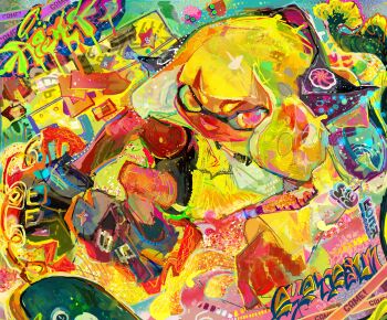 Rule 34 | 1girl, abstract, absurdres, agent 4 (splatoon), black shoes, black shorts, blonde hair, blunt bangs, colorful, dark-skinned female, dark skin, eyerealm, full body, highres, inkling, jacket, looking at viewer, nintendo, shoes, short eyebrows, shorts, sneakers, solo, splatoon (series), splatoon 2, yellow eyes, yellow jacket