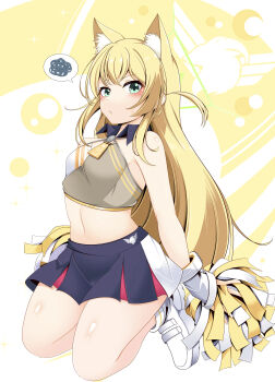 1girl :/ absurdres alternate_costume animal_ears arms_behind_back bare_shoulders black_skirt blonde_hair blue_archive blush breasts character_name cheerleader closed_mouth commentary_request detached_collar fox_ears fox_girl frown full_body gloves green_eyes hair_between_eyes highres holding holding_pom_poms kagayai_akira kneeling kurumi_(blue_archive) long_hair looking_at_viewer millennium_science_school_logo miniskirt name_tag pleated_skirt pom_pom_(cheerleading) pom_poms shoes sidelocks simple_background skirt small_breasts sneakers solo speech_bubble spoken_squiggle squiggle straight_hair sweat sweatdrop thighs two_side_up v-shaped_eyebrows very_long_hair white_background white_gloves white_shoes