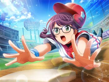 1girl baseball_base baseball_cap baseball_stadium baseball_uniform black_shirt blue_sky day game_cg glasses green_eyes hat hoshimi_junna long_hair looking_at_viewer motion_lines official_art open_mouth playing_sports pleated_skirt ponytail purple_hair red_hat shadow shirt shirt_under_shirt short_sleeves shoujo_kageki_revue_starlight shoujo_kageki_revue_starlight_-re_live- skirt sky solo sportswear v-shaped_eyebrows white_shirt white_skirt wristband