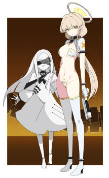 2girls absurdres alternate_costume alternate_halo atrotecha barefoot blindfold blonde_hair blue_archive boots bow breasts brown_hair chastity_belt colored_skin commentary_request covered_eyes decagrammaton_(blue_archive) dress full_body gloves groin gun halo handgun highres holding holding_gun holding_weapon large_breasts long_hair long_sleeves looking_at_viewer low_twintails maebari medium_breasts mind_control multiple_girls navel ohr_(blue_archive) open_mouth parted_lips pasties revealing_clothes rifle short_sleeves shrug_(clothing) smile standing stomach thighhighs toki_(blue_archive) twintails very_long_hair weapon white_dress white_gloves white_hair white_skin white_thighhighs yellow_eyes