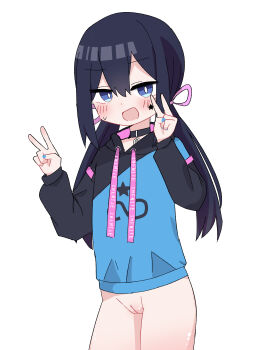 1girl absurdres akimachi_nono black_hair black_hoodie blue_eyes blush bottomless choker cleft_of_venus commission cowboy_shot double_v drawstring highres hood hoodie indie_virtual_youtuber loli long_hair long_sleeves looking_at_viewer low_twintails mugen_mochi naked_hoodie open_mouth pixiv_commission pussy simple_background solo twintails two-tone_hoodie uncensored v virtual_youtuber white_background