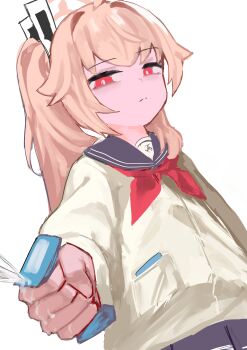 1girl absurdres black_sailor_collar black_skirt blue_archive bright_pupils cardigan closed_mouth drink_carton highres holding holding_milk_carton long_hair long_sleeves looking_at_viewer milk_carton natsu_(blue_archive) neckerchief pink_hair red_eyes red_neckerchief remise sailor_collar side_ponytail simple_background skirt solo squeezing white_background white_cardigan white_pupils