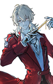 1boy akiko54124 black_pants blonde_hair coat collared_shirt commentary cowboy_shot glasses gloves hashtag-only_commentary highres holding long_sleeves luuk_herssen_(wuthering_waves) male_focus medium_hair pants parted_hair rectangular_eyewear red_coat red_eyes shirt simple_background sleeve_cuffs smile solo symbol-only_commentary white_background white_gloves white_shirt wuthering_waves