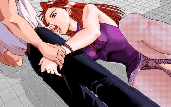 Rule 34 | 1boy, 1girl, black pants, breasts, camisole, circle mate, dutch angle, fellatio, game cg, grabbing another's arm, kneeling, large breasts, long hair, maki (circle mate), miriko, open fly, oral, panties, pants, pc-98 (style), penis, pink panties, pixel art, purple camisole, red hair, uncensored, underwear