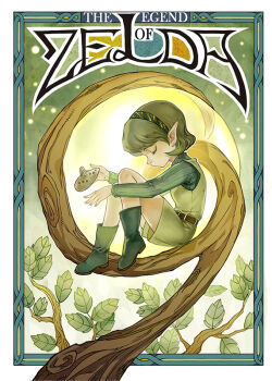 1girl boots branch closed_eyes commentary fatlulu_(1008) green_boots green_hair green_hairband green_shorts green_sweater green_vest hairband instrument nintendo ocarina pointy_ears saria_(zelda) short_hair shorts solo sweater the_legend_of_zelda the_legend_of_zelda:_ocarina_of_time vest