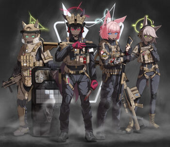 40mm_grenade 4girls absurdres ahoge animal_ear_fluff animal_ears anti-materiel_rifle assault_rifle ballistic_shield barrett_m82 belt benelli_m3 black_boots black_gloves black_pants black_shirt black_suit blonde_hair blood bloody_knife bloody_weapon blue_archive blue_eyes blue_halo boots bullet_hole bulletproof_vest check_commentary commentary commentary_request dog_tags earphones_on_animal_ears english_commentary eotech explosive fingerless_gloves formal_clothes fox_ears fox_girl fox_platoon_(blue_archive) fox_tail full_body furrowed_brow glock gloves glowing glowing_eyes green_eyes grenade grenade_launcher grey_hair grey_tail gun h&amp;k_hk416 h&amp;k_ump halo hand_up handgun handle headphones helmet highres holding holding_gun holding_knife holding_shield holding_weapon holster implied_extra_ears injection knife kurumi_(blue_archive) laser_sight long_hair looking_at_viewer magazine_(weapon) microphone military military_combat_uniform military_uniform milkor_mgl multiple_girls night_vision_device niko_(blue_archive) odi original otogi_(blue_archive) pants pink_hair pliers radio radio_antenna red_dot_sight red_eyes red_gloves red_halo rifle scissors scope shield shirt short_hair shotgun smoke sniper_rifle standing submachine_gun suit tactical_clothes tactical_gloves tail variant_set weapon white_boots yellow_boots yellow_eyes yellow_halo yellow_tail yukino_(blue_archive)