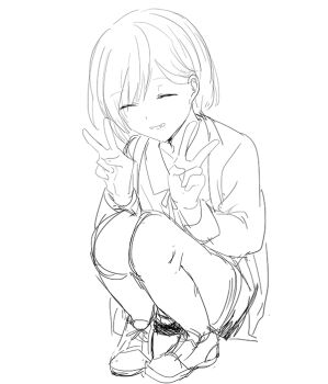 1boy blonde-haired_boy_(sunaba_(nczd5875)) closed_eyes collared_shirt commentary_request crossdressing crossdressing_(mtf) double_v facing_viewer full_body hands_up jacket long_sleeves male_focus medium_hair monochrome neck_ribbon open_clothes open_jacket original parted_lips partial_commentary ribbon shirt shoes short_shorts shorts simple_background sketch smile sneakers solo squatting sunaba_(nczd5875) teeth trap v vest white_background white_shirt yellow_shoes yellow_vest
