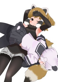 2girls absurdres animal_ears bare_shoulders black_fur black_gloves black_hair black_pantyhose black_shirt black_skirt black_trim brown_eyes cutoffs elbow_gloves fur_collar giant_panda_(kemono_friends) gloves grey_shorts hair_between_eyes highres iwa_(iwafish) kemono_friends lying midriff_peek multicolored_hair multiple_girls on_back on_stomach one_eye_closed orange_hair panda_ears panda_girl panda_tail pantyhose pleated_skirt red_panda_(kemono_friends) red_panda_ears red_panda_girl red_panda_tail school_uniform serafuku shirt short_hair short_shorts shorts sidelocks skirt sleeping sleeping_on_person sleeveless two-tone_hair white_hair white_shirt