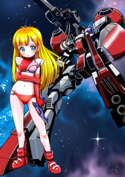 1girl alpha_(game) blassty blonde_hair boots breasts cannon chris_(alpha) commentary_request company_connection crop_top crossover cruise_chaser_blassty elbow_gloves finger_on_trigger full_body gloves green_eyes gun hand_on_own_arm hiro68 holding holding_gun holding_weapon long_hair mecha medium_breasts navel panties parted_lips red_boots red_gloves red_panties robot science_fiction shirt sideways_glance sleeveless sleeveless_shirt space square_enix standing stomach underwear weapon year_connection