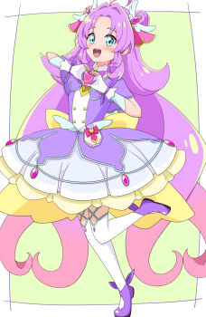 Rule 34 | 1girl, :d, absurdres, ahoge, aikawa ryou, akechi anna, blue eyes, blush, capelet, commentary request, cure answer, double bun, dress, fingerless gloves, forehead, full body, gloves, gradient hair, green background, hair bun, hair intakes, heart, heart hands, highres, long hair, looking at viewer, meitantei precure!, multicolored hair, open mouth, parted bangs, pink hair, precure, purple capelet, purple dress, purple hair, purple shoes, shoes, smile, solo, standing, standing on one leg, thick eyebrows, thighhighs, tiptoes, two-tone background, very long hair, white background, white gloves, white thighhighs