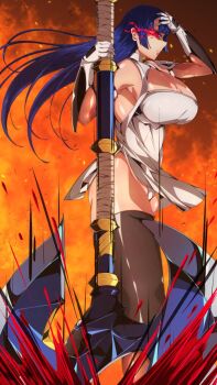 Rule 34 | 1girl, :/, attack, axe, battle axe, blood, blood splatter, blue hair, blush, breasts, breasts out, byakkun8181, curvy, hime cut, holding, holding axe, holding weapon, large breasts, long hair, looking at another, looking down, motion lines, red eyes, shaded face, shiny skin, taimanin (series), taimanin murasaki, taimanin rpgx, weapon, wide hips, yatsu murasaki