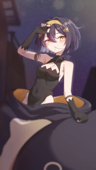 1girl amber_(stella_sora) arm_up black_gloves black_hair black_leotard black_sky breasts cleavage commentary covered_navel fingerless_gloves gloves highres leotard looking_at_viewer mascot_costume mascot_head night outdoors sherlock_(stella_sora) short_hair sky solo star_(sky) stella_sora sweat tabibito_(pew_cpotty) yellow_eyes