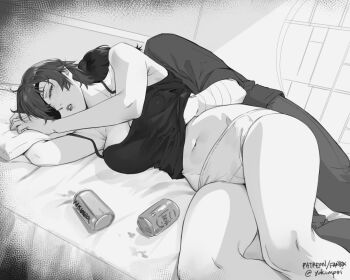 1girl artist_name asahi_breweries bed black_hair breasts chainsaw_man cleavage commentary eyepatch formal_clothes greyscale hayakawa_aki himeno_(chainsaw_man) large_breasts monochrome navel panties pants shirt short_hair sleeping symbol-only_commentary tank_top underwear yukimpoi