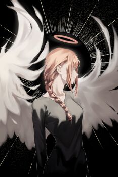 Rule 34 | 1girl, angel wings, black background, black dress, braid, chainsaw man, commentary, dress, english commentary, halo, highres, looking to the side, makima (chainsaw man), no eyes, nyxespa, pink halo, profile, red hair, solo, upper body, white wings, wings