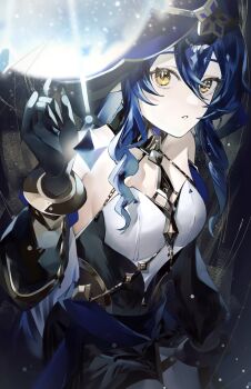 1girl bags_under_eyes bare_shoulders black_gloves blue_hair blue_hood blue_sleeves breasts detached_sleeves drill_hair drill_sidelocks genshin_impact gloves glowing hair_between_eyes hand_up highres hood hood_up jewelry layla_(genshin_impact) long_hair long_sleeves looking_at_viewer medium_breasts neck_ring pants parted_lips shirt sidelocks solo upper_body white_pants white_shirt yellow_eyes yukiusagi_(snowrabbit0508)