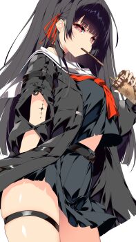 Rule 34 | 1girl, black hair, black jacket, black serafuku, black shirt, black skirt, bright pupils, chisa (wuthering waves), commentary request, food, food in mouth, hair ribbon, highres, jacket, long hair, looking at viewer, mole, mole under eye, pocky, pocky in mouth, red eyes, red ribbon, ribbon, sakurame, school uniform, serafuku, shirt, simple background, skirt, solo, tacet mark (wuthering waves), thigh strap, white background, white pupils, wuthering waves