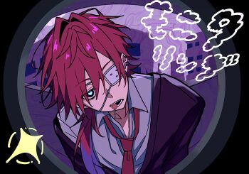 Rule 34 | 1boy, 6 dee3, alternate costume, candy, commentary, eyepatch, fisheye, food, hair between eyes, heart, heart in eye, highres, jacket, lauren iroas, lollipop, lollipop in mouth, long hair, long sleeves, male focus, monitoring (vocaloid), necktie, nijisanji, open clothes, open jacket, open mouth, ponytail, pov peephole, red hair, red necktie, side ponytail, solo, symbol in eye, teeth, upper body, virtual youtuber