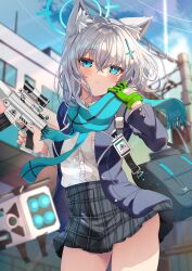 Rule 34 | 1girl, animal ear fluff, animal ears, assault rifle, bag, blue archive, blue eyes, blue jacket, blue necktie, blue scarf, blurry, blurry background, breasts, collared shirt, commentary request, depth of field, dress shirt, extra ears, fringe trim, gloves, green gloves, grey hair, grey skirt, gun, hair between eyes, hair ornament, halo, hands up, highres, holding, holding gun, holding weapon, jacket, mismatched pupils, necktie, open clothes, open jacket, parted lips, plaid, plaid skirt, pleated skirt, power lines, rifle, scarf, shiroko (blue archive), shirt, sig sauer 556, single glove, skirt, small breasts, solo, standing, utility pole, weapon, white shirt, wolf ears, xephonia