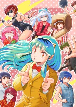 3boys 6+girls ^_^ akemi-chan_(nippon_elekitel_rengo) akemi-chan_(nippon_elekitel_rengo)_(cosplay) akira_100_percent akira_100_percent_(cosplay) annotated armband artist_name bare_arms benten_(urusei_yatsura) bike_shorts black_dress black_eyes black_hair black_pants black_shirt black_shorts blue_hair bow bowtie breasts brown_hair closed_eyes closed_mouth commentary cone_horns cosplay dandy_sakano dandy_sakano_(cosplay) denim denim_jacket double_finger_gun double_thumbs_up dress edo_harumi edo_harumi_(cosplay) eyeshadow facepaint facial_hair fangs finger_gun floating_hair formal_clothes fujinami_ryuunosuke geisha green_eyes green_hair guitar guitar_zamurai guitar_zamurai_(cosplay) hachimaki hair_bow hand_on_own_hip head_tilt headband holding holding_guitar holding_instrument holding_mallet holding_microphone holding_tray horns instrument jacket japanese_clothes jeans jewelry kimono kine koume_dayu koume_dayu_(cosplay) looking_at_viewer low_ponytail lum makeup mallet mendou_shuutarou microphone miyake_shinobu miz_mus moody_katsuyama moody_katsuyama_(cosplay) moroboshi_ataru mortar_(bowl) multiple_boys multiple_girls mustache necklace nejiri_hachimaki oni ono_majime_(cool_poko) ono_majime_(cool_poko)_(cosplay) open_hand oyuki_(urusei_yatsura) pants parody parted_lips pink_bow pink_hair pointy_ears ponytail ran_(urusei_yatsura) razor_ramon_hg razor_ramon_hg_(cosplay) real_life red_bow red_eyes red_eyeshadow red_jacket red_kimono shiowatari_nagisa shirai_kousuke shirt short_hair short_shorts shorts sideboob sidelocks skin_tight sleeveless sleeveless_jacket sleeveless_shirt smile standing sugi-chan sugi-chan_(cosplay) suit sunglasses thumbs_up tray twitter_username urusei_yatsura white_facepaint white_hair white_jacket white_shirt wristband yellow_bow yellow_jacket