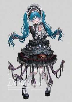 1girl aqua_eyes aqua_hair black_dress black_shoes blue_eyes blue_hair bonnet colored_teeth cross crying dress eyeball_hair_ornament eyepatch frilled_bonnet frilled_dress frilled_sleeves frills grey_background gurokawa hair_ornament hatsune_miku highres holding holding_cross knees_together_feet_apart long_hair looking_at_viewer makkuro medical_eyepatch open_mouth pantyhose platform_heels scared severed_arm severed_head severed_limb shoes simple_background solo torn_clothes torn_pantyhose twintails vocaloid watermark white_pantyhose yellow_teeth