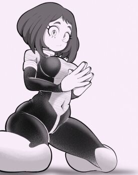 Rule 34 | 1girl, bodysuit, boku no hero academia, boots, breasts, covered navel, female focus, hero outfit (mha), looking at viewer, monochrome, short hair, sidelocks, skin tight, solo, superhero costume, superheroine costume, uraraka ochako, uraraka ochako (hero outfit)