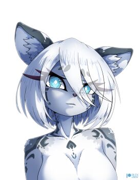 1girl 2b_(nier:automata) animal_ear_fluff animal_ears animal_nose artist_name blue_eyes bob_cut body_fur breasts bright_pupils collarbone completely_nude female_focus furrification furry furry_female grey_fur hair_between_eyes large_breasts leopard_ears looking_at_viewer multicolored_fur nier:automata nier_(series) nude out-of-frame_censoring parted_lips patreon_logo patreon_username rilex_lenov short_hair sidelocks simple_background snow_leopard_girl solo spotted_fur upper_body watermark white_background white_fur white_hair white_pupils